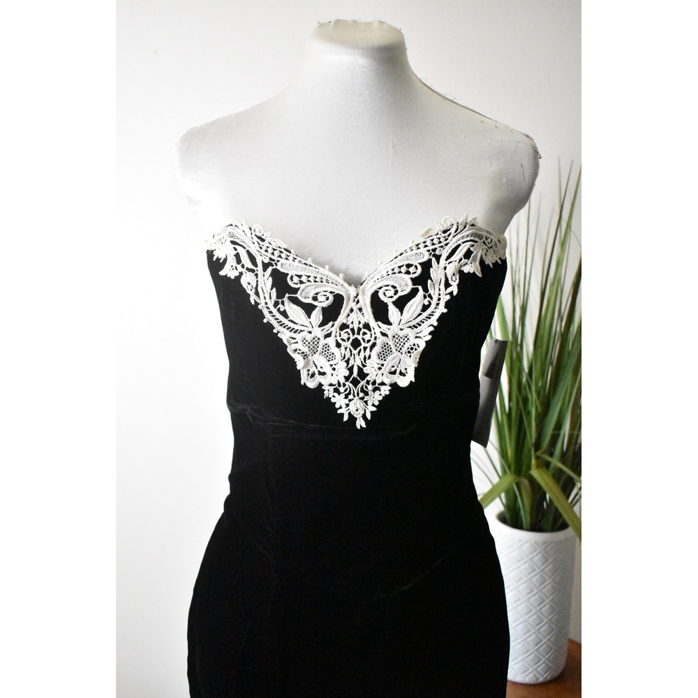 Scott McClintock Gown Women Size 8 Black 80s Velvet Lace Strapless Maxi Dress - Picture 2 of 12